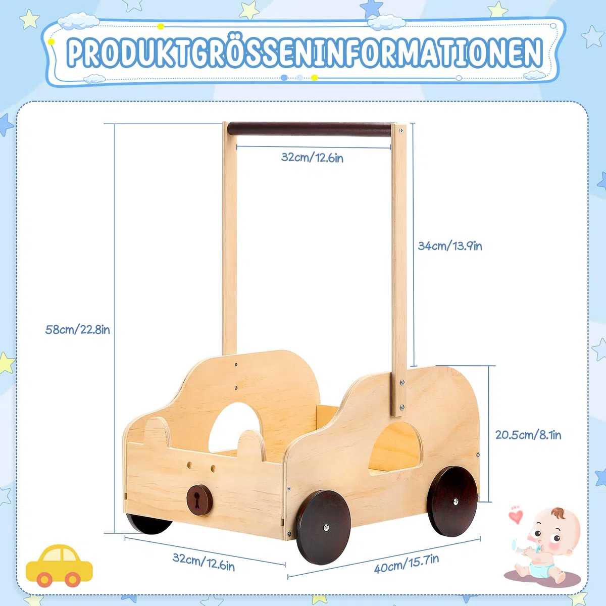ONUEMP Cestino per bambini in legno con motivo orso, contenitore con ruote e maniglia, 40 x 30 x 58 cm, scatola regalo personalizzabile, per baby shower, legno naturale