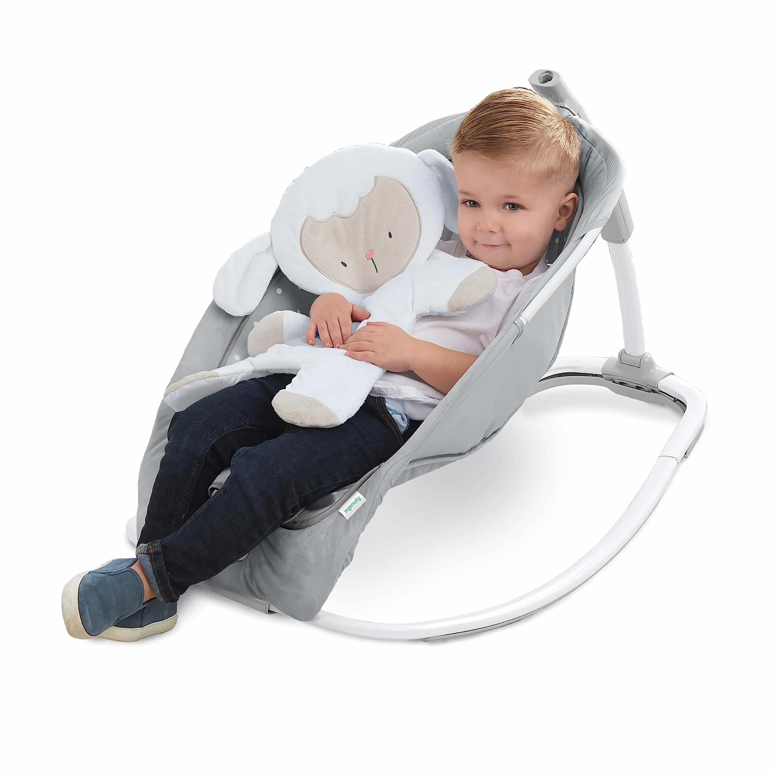 Ingenuity Altalena e Sdraietta 2 in 1 Leggera da Neonato a Bambino - Tappetino Pancino, Vibrazioni e Suoni, 0-30 Mesi Fino a 18 kg (Cuddle Lamb)