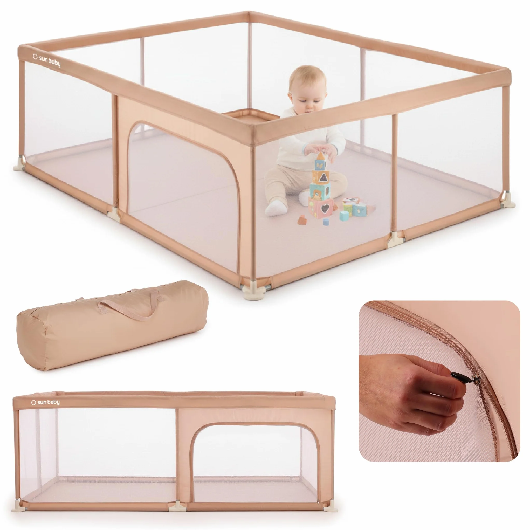 Sun Baby Box Bambini 150x200 cm 0-2 anni Salmone Poliestere Pareti in Rete Cerniera Piedini Antiscivolo Borsa Inclusa Struttura Metallo