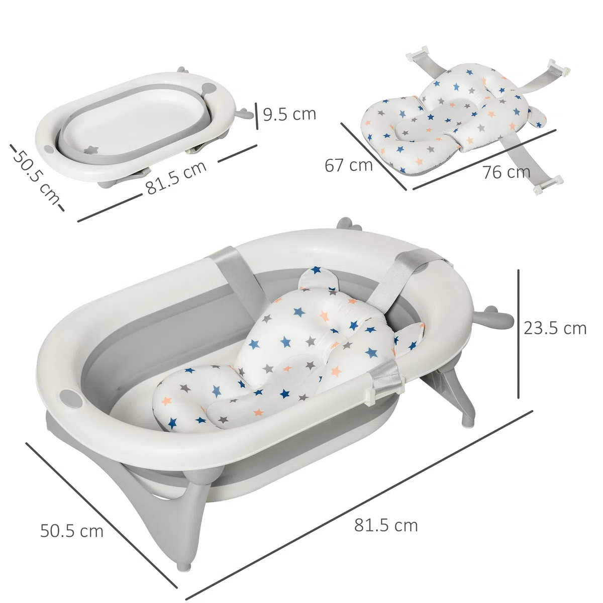 HOMCOM Vaschetta Bagnetto Pieghevole per Bambini 0-3 Anni con Indicatore di Temperatura e Cuscino, 81.5x50.5x23.5cm, Bianco