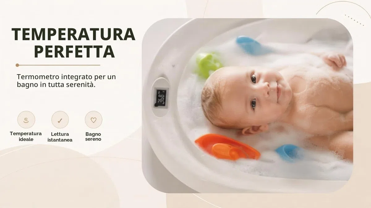 Vasca da bagno pieghevole con supporto in acciaio – Vasca da bagno per neonati con termometro e tubo di scarico – Cuscino ergonomico neonato – guadagno di spazio piccolo bagno – 0-3 anni