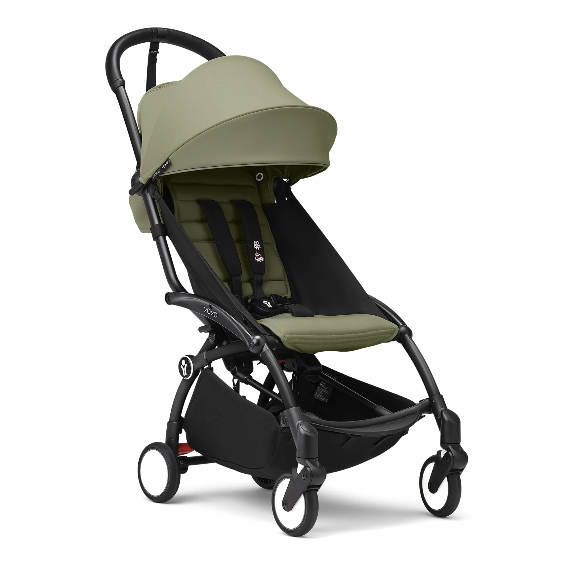 Stokke YOYO3 Passeggino da 6 mesi Telaio Nero Cuscino Seduta Olive Capottina Ripiegabile Compatto