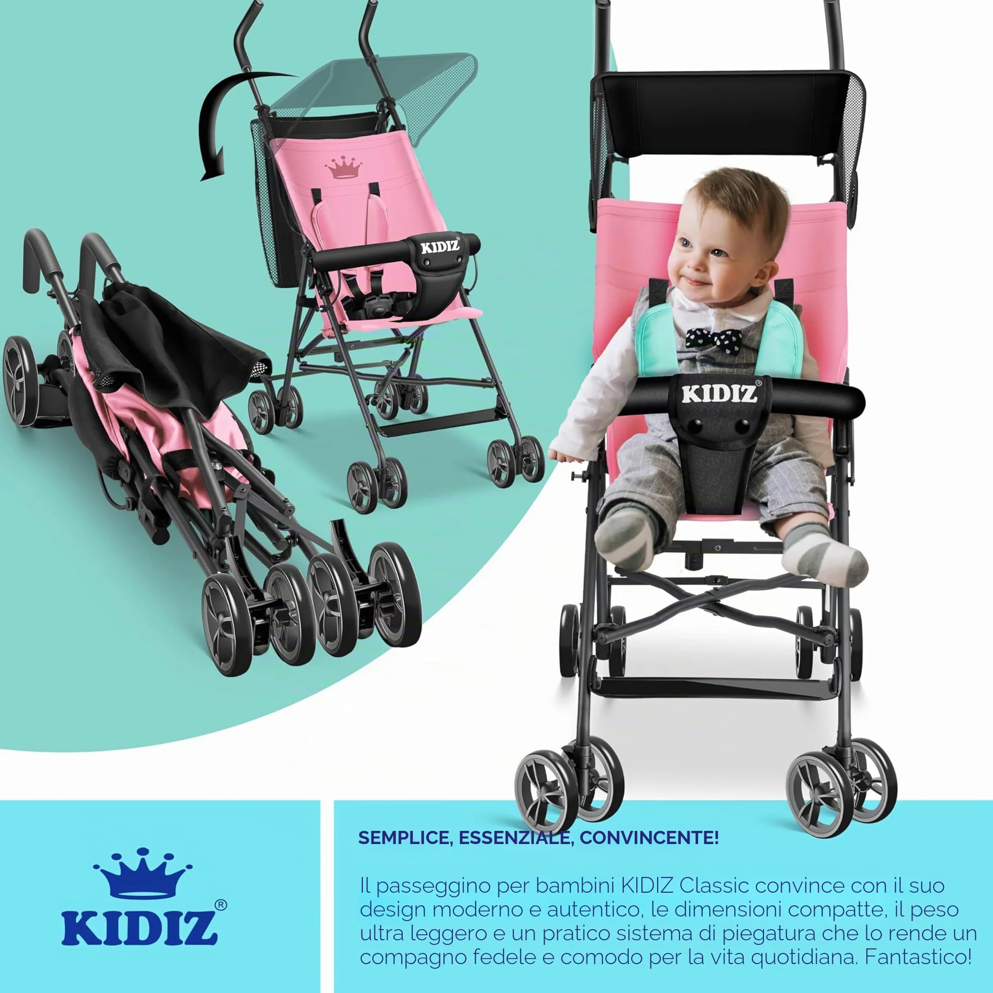 KIDIZ® Passeggino CITY Pieghevole per Bambini con Ruote 4 Pollici e Parasole