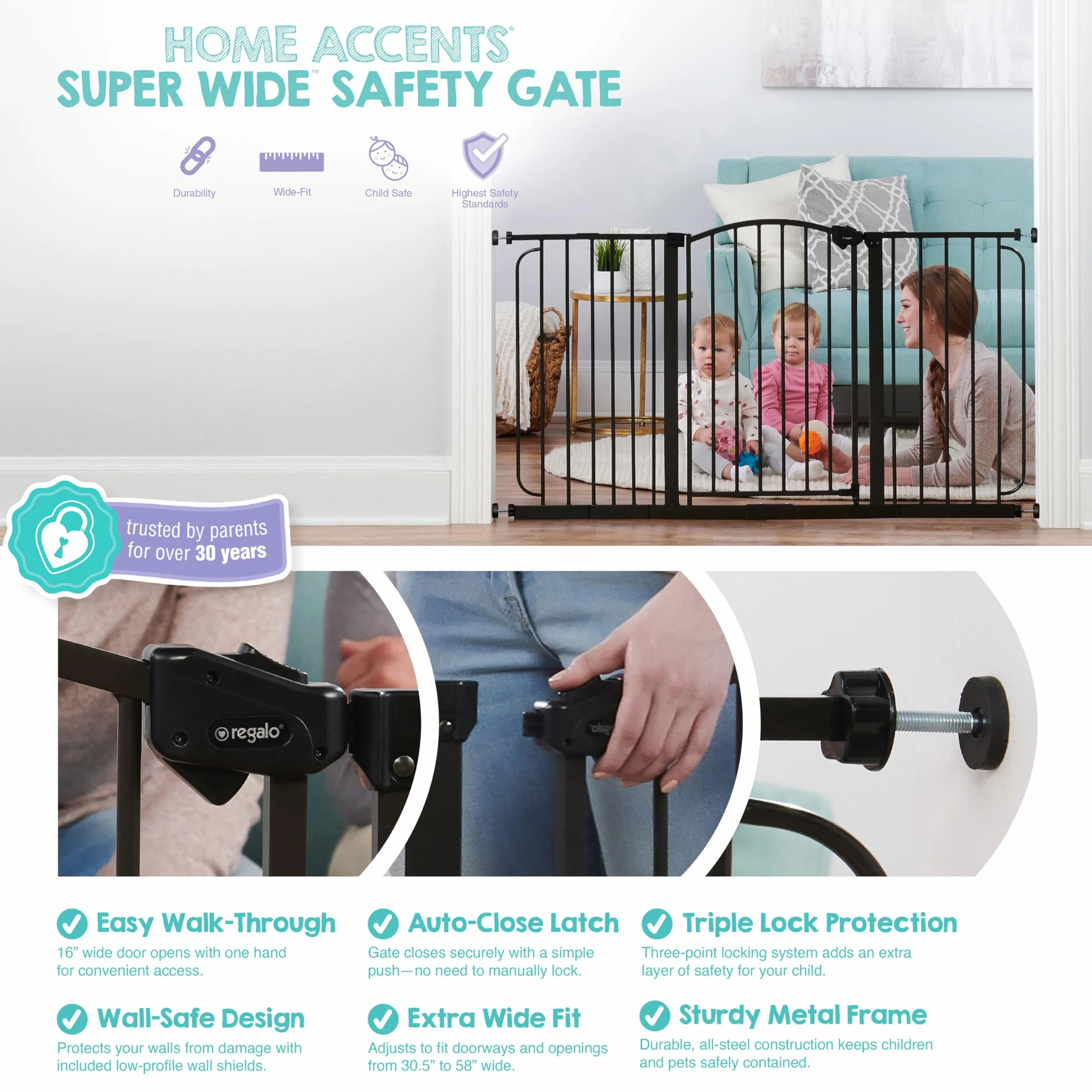 Regalo Safety Super Wide Arched Baby Gate for Hallways, Doorways & Stairs, Fits Openings 75-150cm, Pressure Mounted, Bronze
