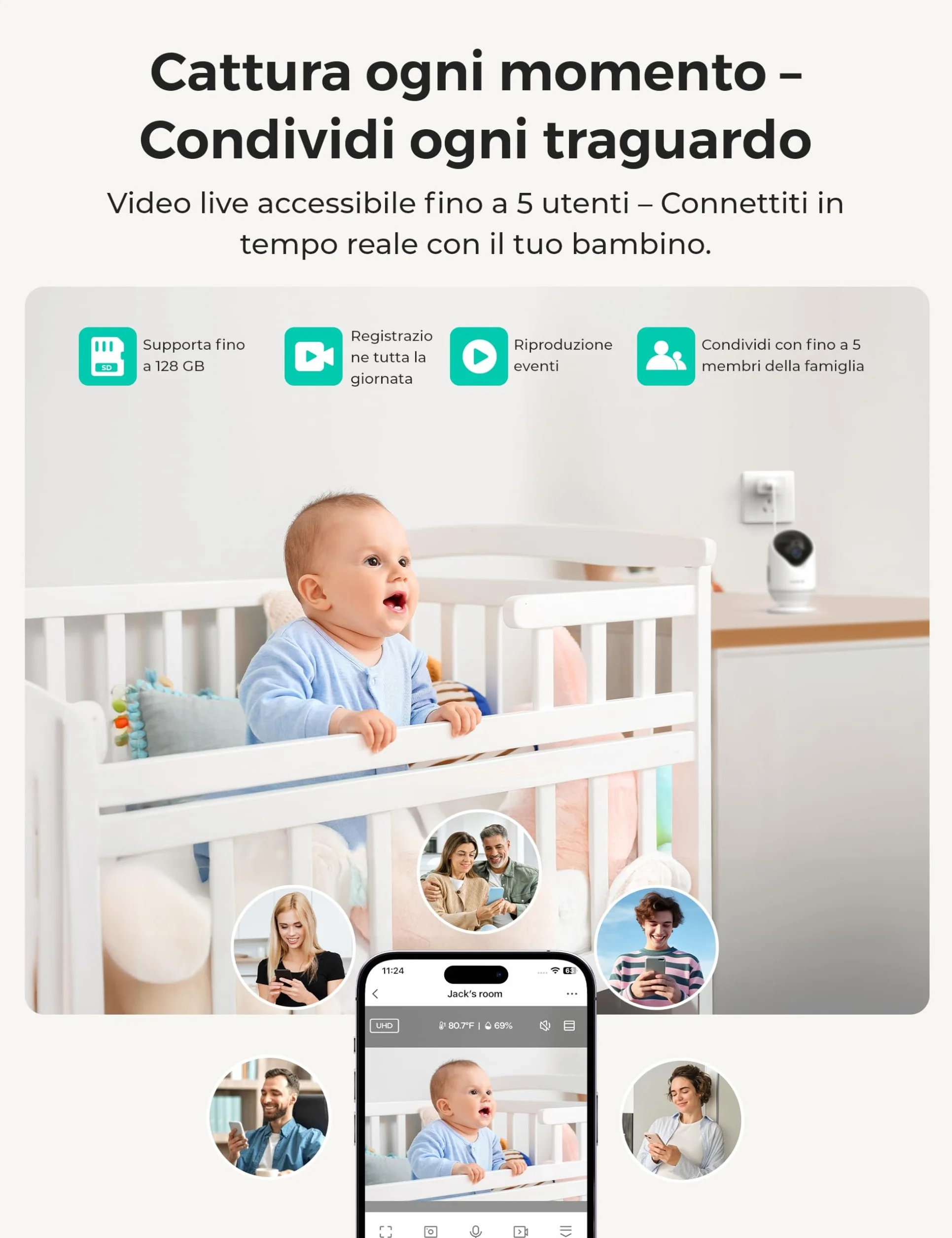 Dr.Care Smart WiFi Baby Monitor VistaView Lite, Schermo 4" 720P, Fotocamera 1080P, App, Allarmi Movimento, Visione Notturna, Batteria 3000mAh, Portata 390m (4" Baby Monitor + 1 Telecamere)