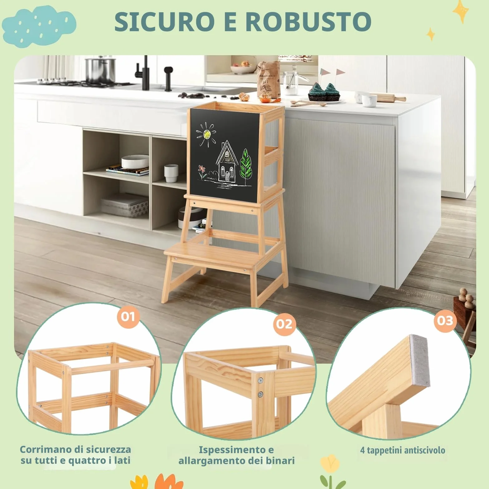 Torre Montessoriana per Bambini con Lavagna e Sbarra di Sicurezza, Sgabello Estraibile per Adulti, Naturale