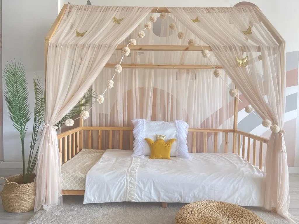 Baby Fancyroom Letto a baldacchino per letto dei bambini, per cameretta dei bambini, tenda a baldacchino, per ragazze, camera della principessa (beige, 360 cm, con 5 farfalle dorate)