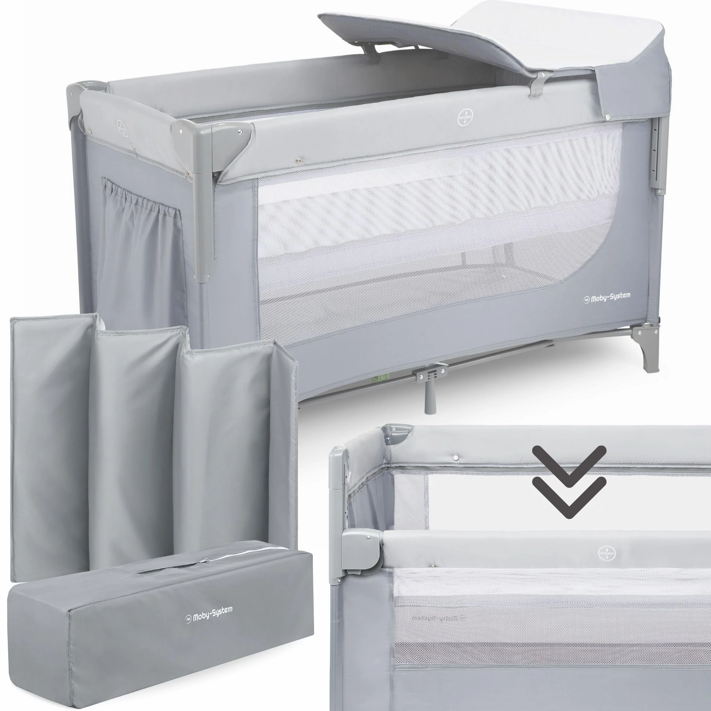 Moby-System Lettino da Viaggio 3 in 1 Box Bambini Recinto Neonati Fasciatoio Materasso Ruote Letto Pieghevole Regolabile 126x66cm Borsa Trasporto