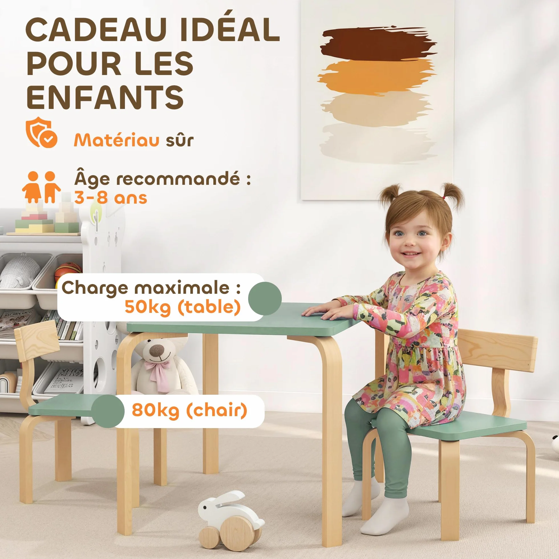 AIYAPLAY Tavolo per bambini con sedia, set di tavolo e 2 sedie in legno per disegnare, giocare, studiare, regalo per bambine e bambini 3-8 anni, per cameretta, camera da letto, asilo, verde