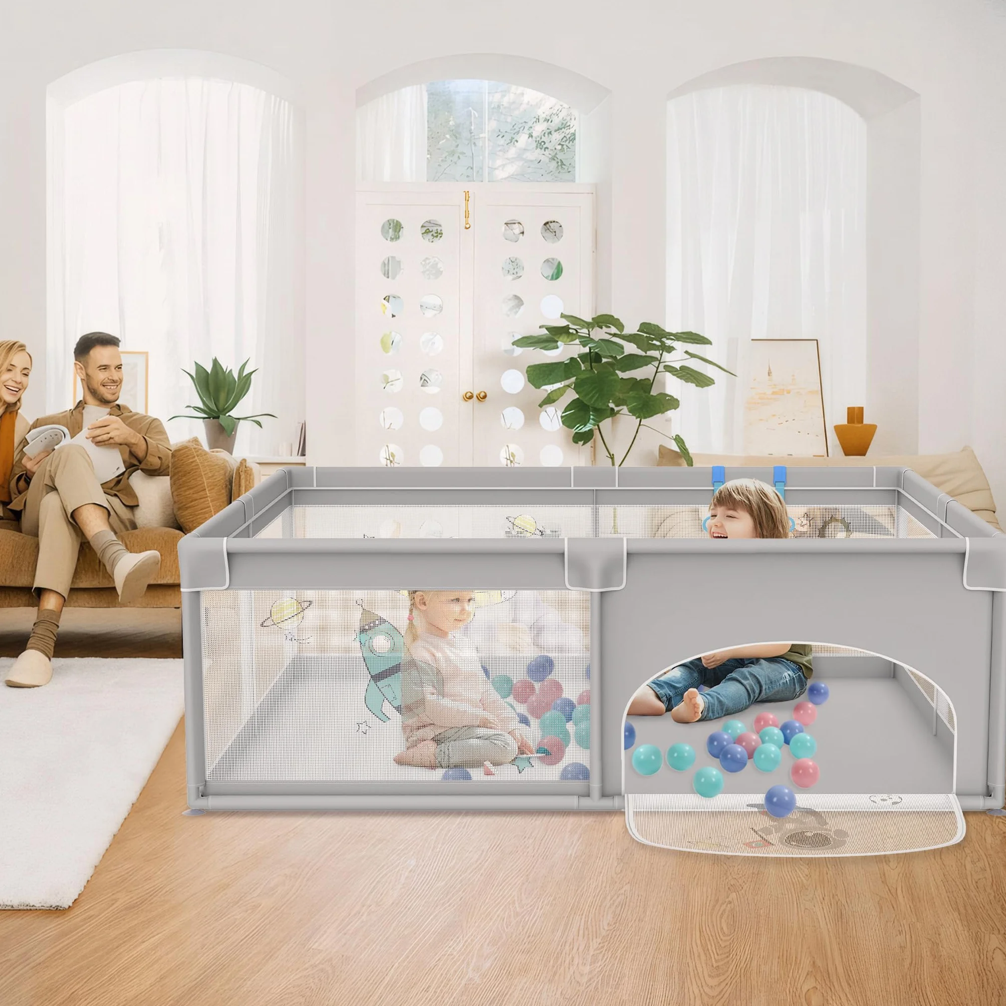UISEBRT Box per bambini, 180 x 200 cm, con 50 palline oceaniche e 4 anelli e borsa per il trasporto, pieghevole, con rete traspirante, per bambini, grigio con motivi astronauti