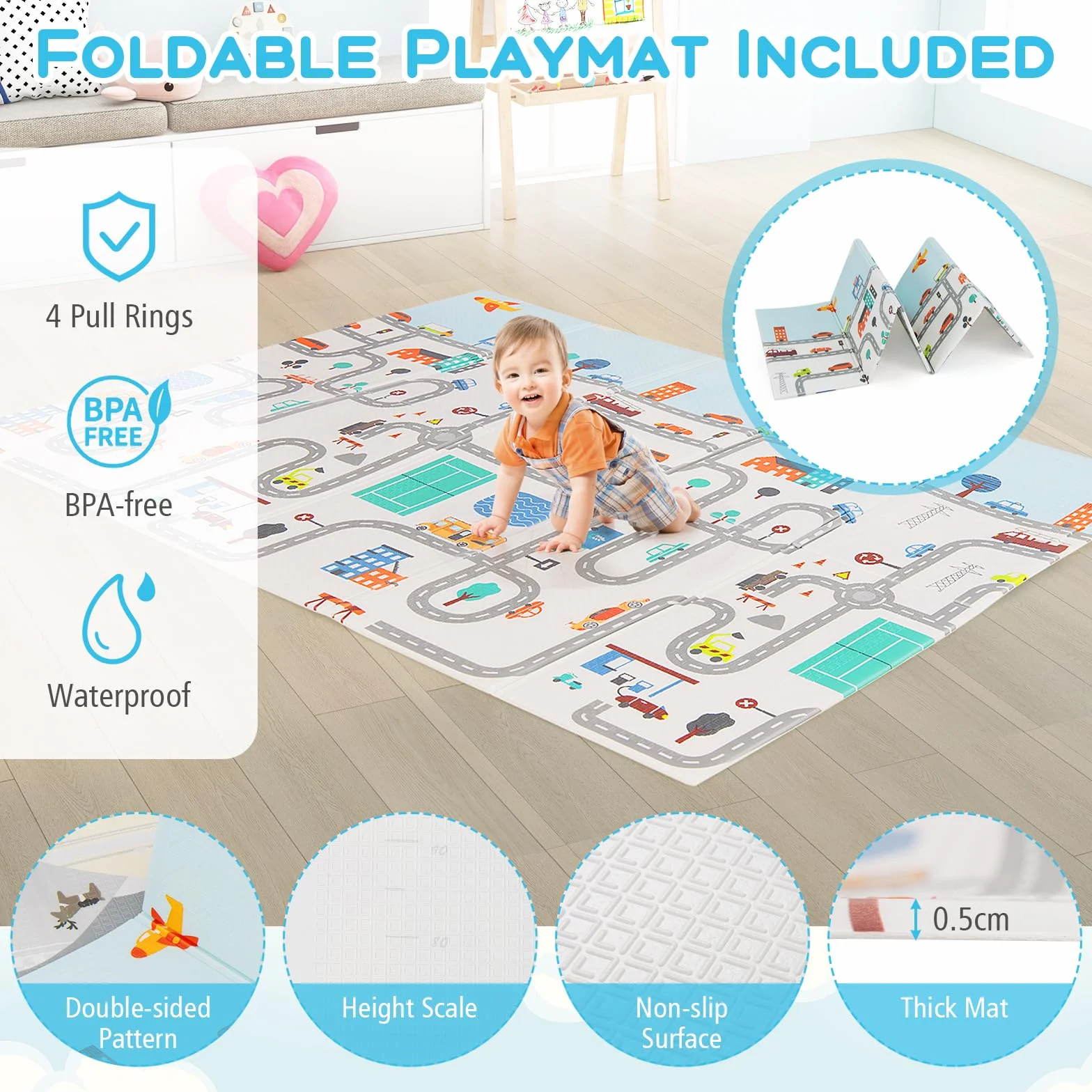 LIFEZEAL Recinto Bambini con Tappeto Gioco, 189x158cm, Box Neonato con Materassino, Box Bimbo 0~36 Mesi con Borsa, Anelli e Palline Colorate, Recinto Neonati in Rete Traspirante (grigio chiaro)