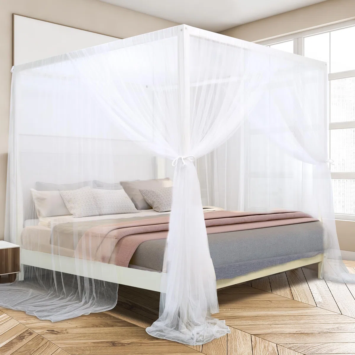 South To East Tende da letto a baldacchino a 4 angoli per adulti, zanzariera per letto, lussuose tende da letto per la decorazione della camera, in poliestere antistrappo, facili da installare