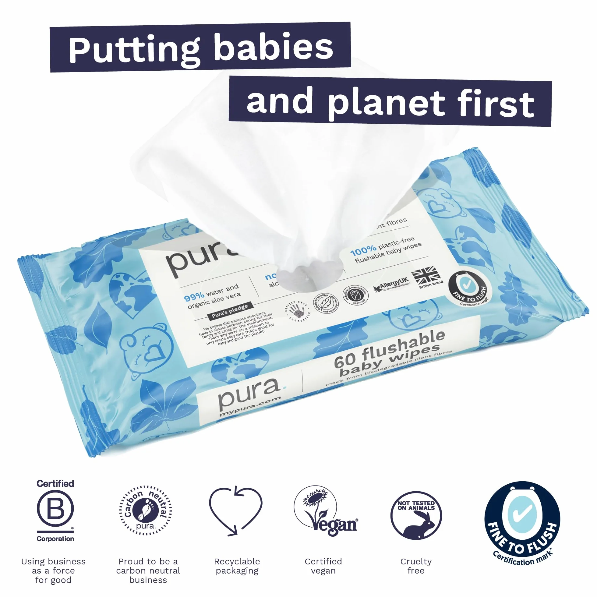 Pura Salviette Bagnate Detergenti, 720 Salviette (12 x 60 Salviette), 99% Acqua, 100% Senza Plastica, Adatte per Pelle Sensibile e Senza Profumo, Aloe Vera, Neonati, Biodegradabili, Vegan