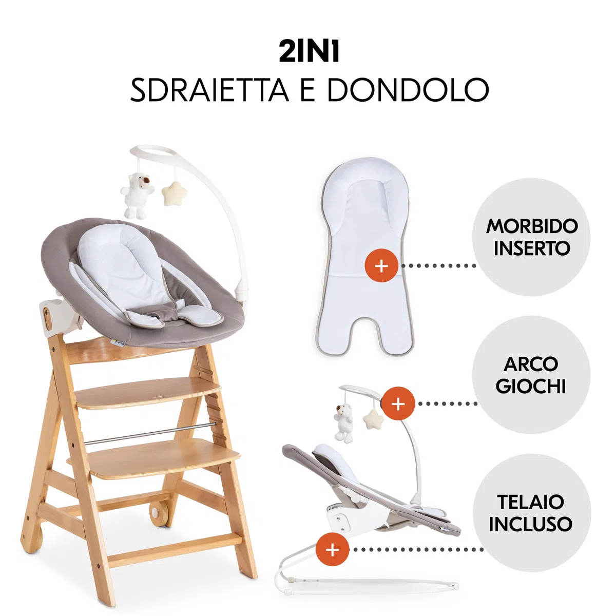 hauck Alpha Move Set Deluxe - Seggiolone in Legno Evolutivo Da 0 Mesi - Sedia Bambini Regolabile con Sdraietta Neonato Reclinabile, Cuscino e Vassoio - Naturale, Grigio