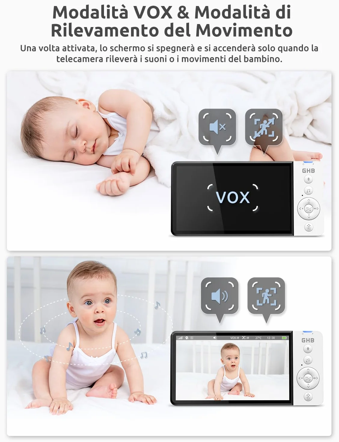 GHB Baby Monitor 5" 720HD 168 Ore Autonomia 350° Telecamera Rotante Rilevamento Temperatura VOX Visione Notturna