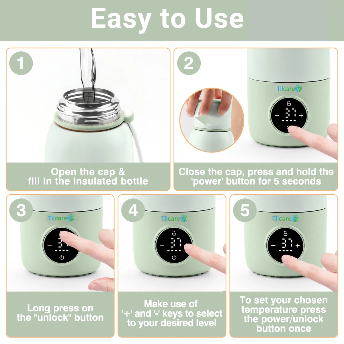 Scaldabiberon Portatile Ricaricabile con Distributore di Formula - 17oz/500ml, Riscaldamento Veloce, Controllo Preciso della Temperatura, Fino a 12 ore di Riscaldamento con Display LCD, Verde