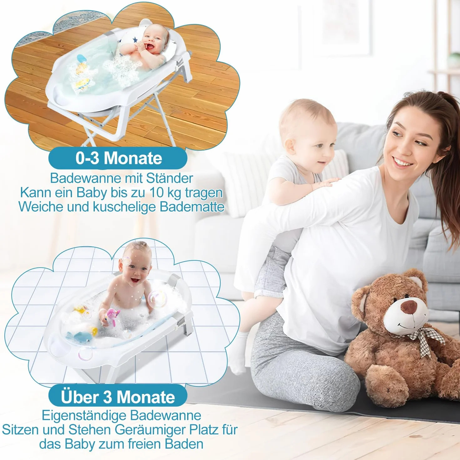 Ikodm Vasca da Bagno per Neonati con Supporto, Vasca da Bagno con Tappetino da Bagno, Scarico, Supporto, Vasca da Bagno Pieghevole, Vasca per Bambini con Supporto Sicura per il Tuo Neonato - Vasca da