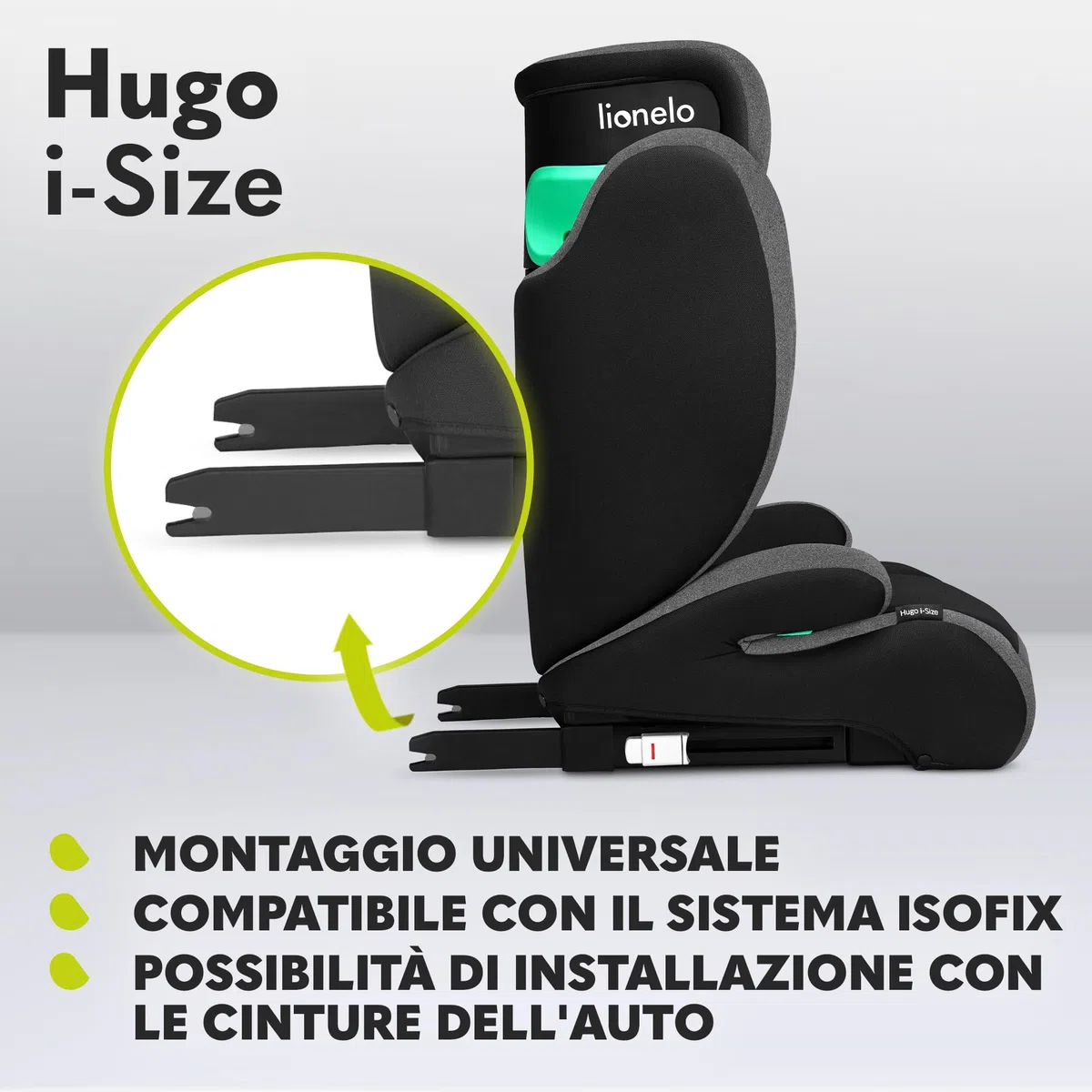 Lionelo Hugo I-size Seggiolino Auto ISOFIX con l'ultima Norma i-Size R129 per bambini Gruppo 2-3 (100-150cm) Poggiatesta a 8 Livelli,Memory Foam,Poggiabraccia,Protezione