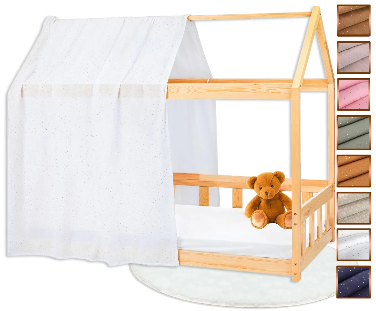 Tenda Letto Bambini 100% Cotone - Tenda per Letto Bambini Montessori 80x160 e 90x200cm - Modelo 1 (Bianco/Oro, 120 x 370 cm)