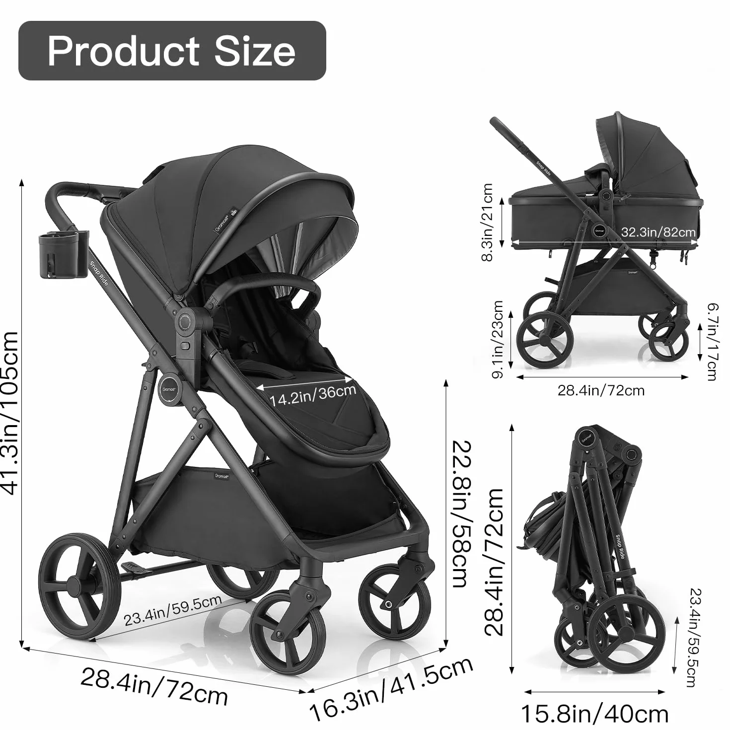 Gromast Passeggino 3 in 1 Trasformabile per Neonati con Sedile Reversibile, UPF 50+, Nero