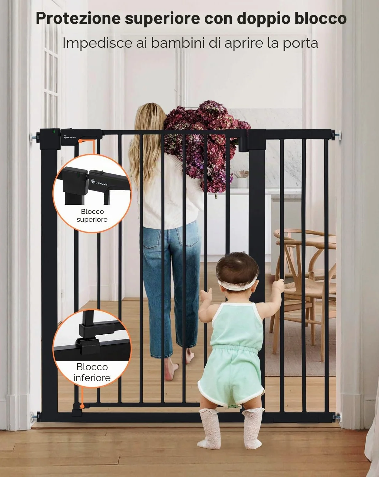 COMOMY 91,5cm Cancelletto per cani Extra Alto, per Scale e Porte, 75 a 103cm di Larghezza, Montato a Pressione Cancellino Bambini di Sicurezza Extra Largo a Chiusura Automatica per Casa, Nero