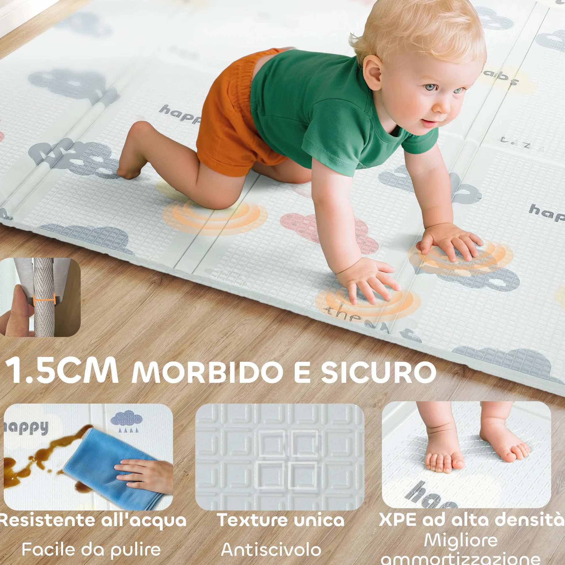 AIYAPLAY Tappeto per Bambini 0-3 Anni con Bordi Cuciti, Lettere dell'Alfabeto e Superficie Impermeabile, Tappeto Gattonamento in XPE e PE, 200x180x1.5 cm, Multicolore