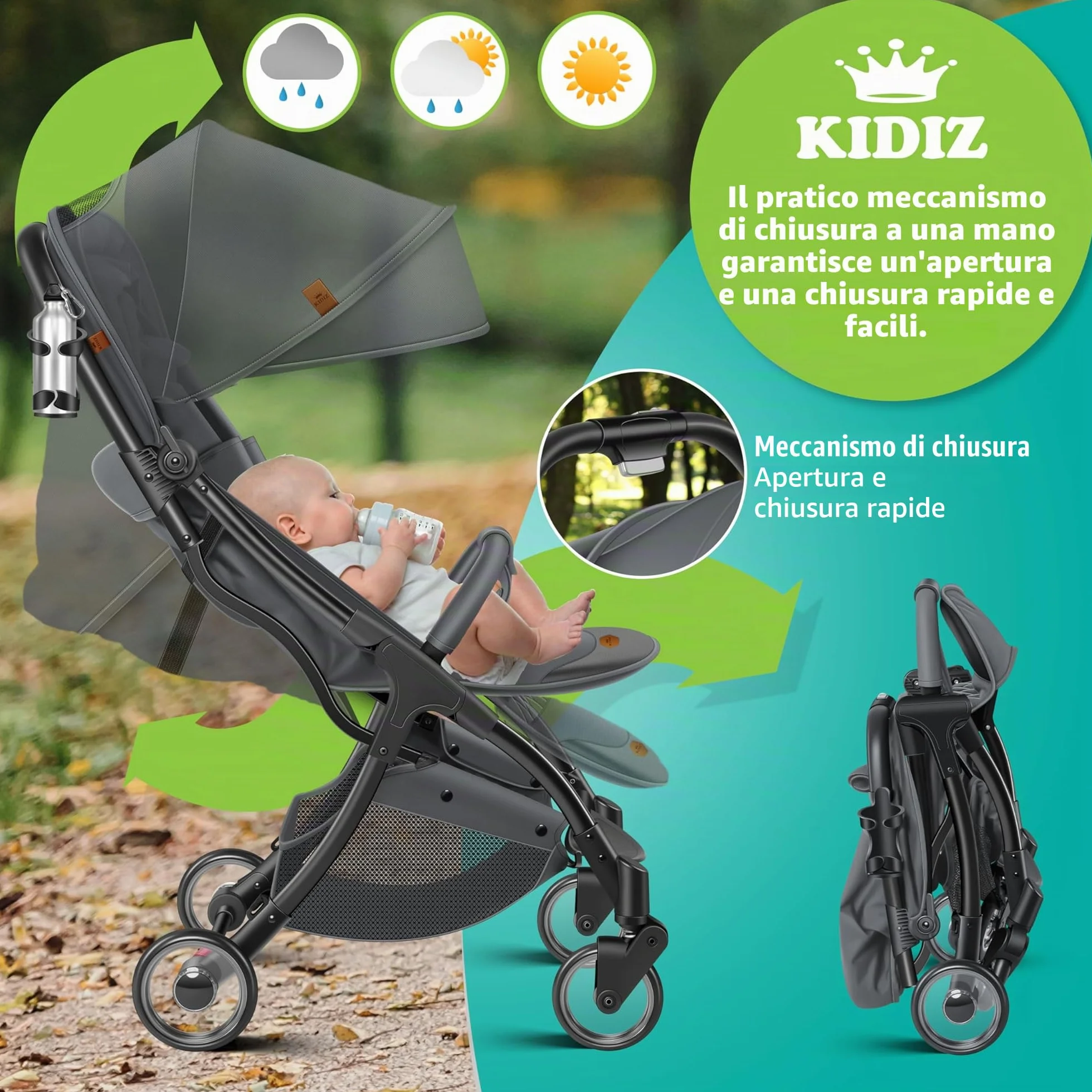 KIDIZ® Premium Passeggino Pieghevole con Ruote 360°, Imbracatura 5 Punti, Portabibite, Parapioggia, Schienale Regolabile, Capottina Parasole, Antracite