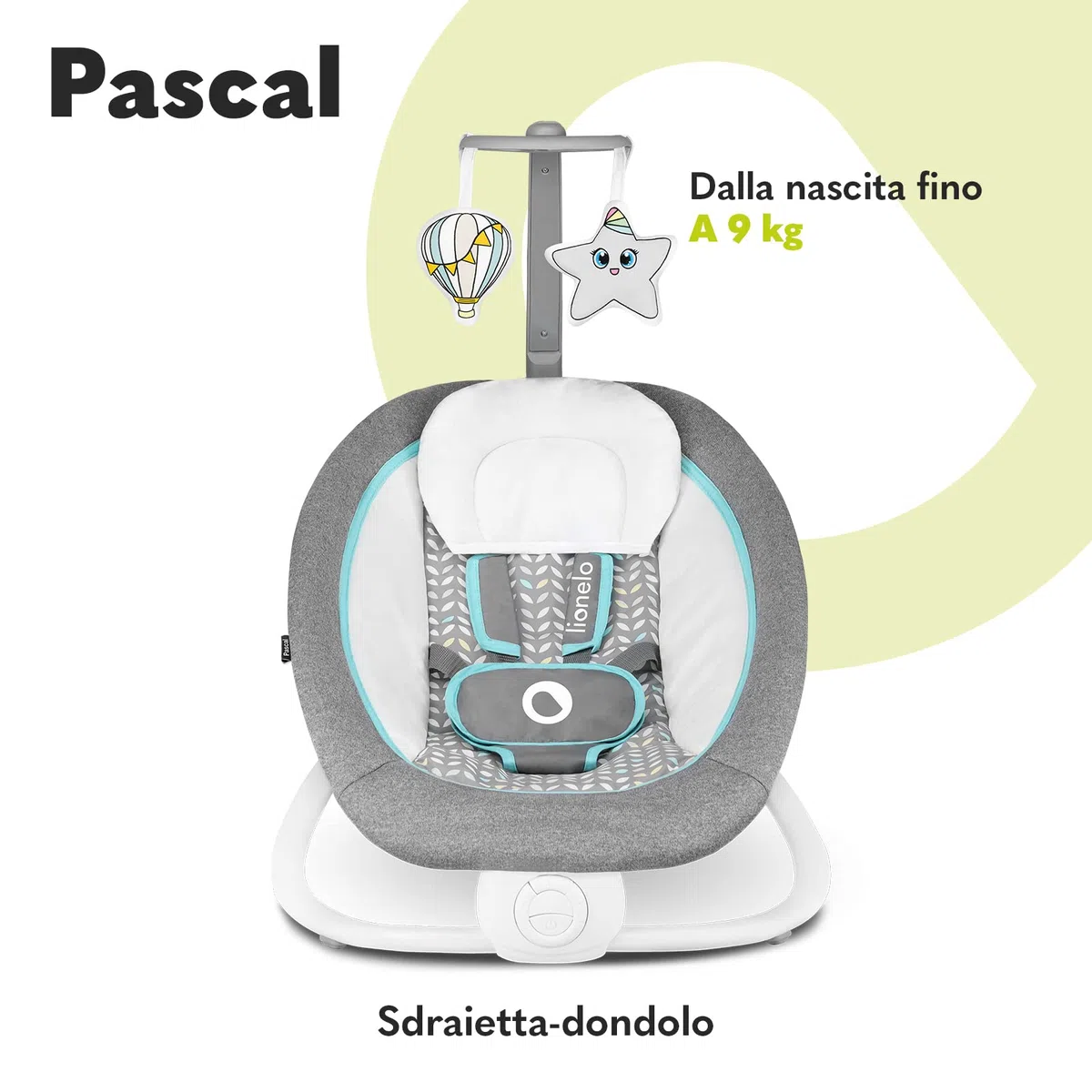 Lionelo Pascal Sdraietta neonati 0-9 kg Dondolo per bambini portatile e pieghevole, Culla 12 Melodie Giocattoli Regolazione dello schienale Vibrazioni Cinture a 5punti Materiale sfoderabile (Grigio)