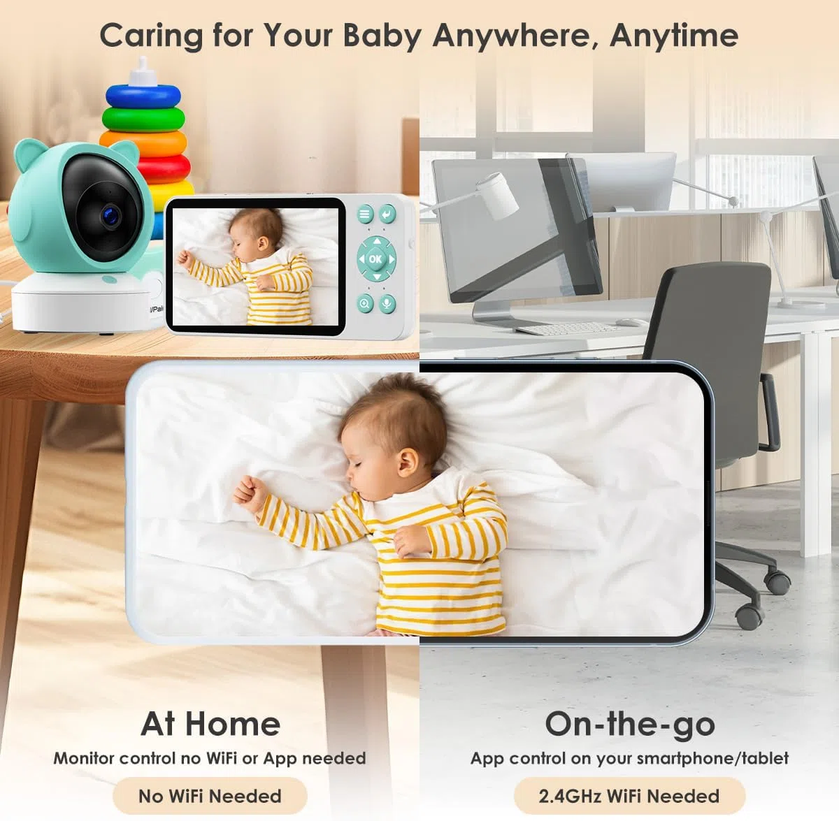 Video Baby Monitor 2K con Display 5",Telecamera a 360°,App iOS/Android,Rilevamento Pianto/Movimento/Temperatura,Visione Notturna,Batteria Potente,con/senza WiFi,per Neonati e Bambini