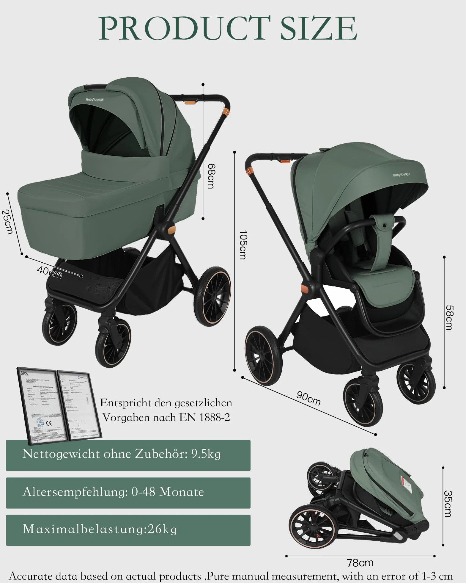 Passeggino 2 in 1 Reversibile 360° Chiusura Veloce Fronte Mamma 0-48 Mesi 26 kg Verde