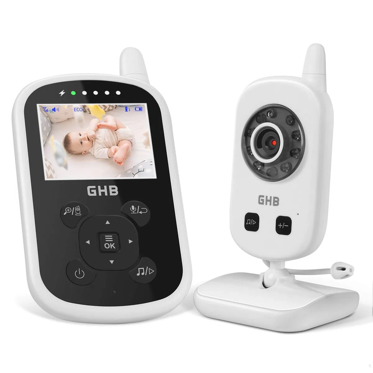 GHB Babyphone con fotocamera video baby monitor 2,4 GHz funzione interfono modalità ECO lunga durata batteria visione notturna sensore temperatura ninna ninna