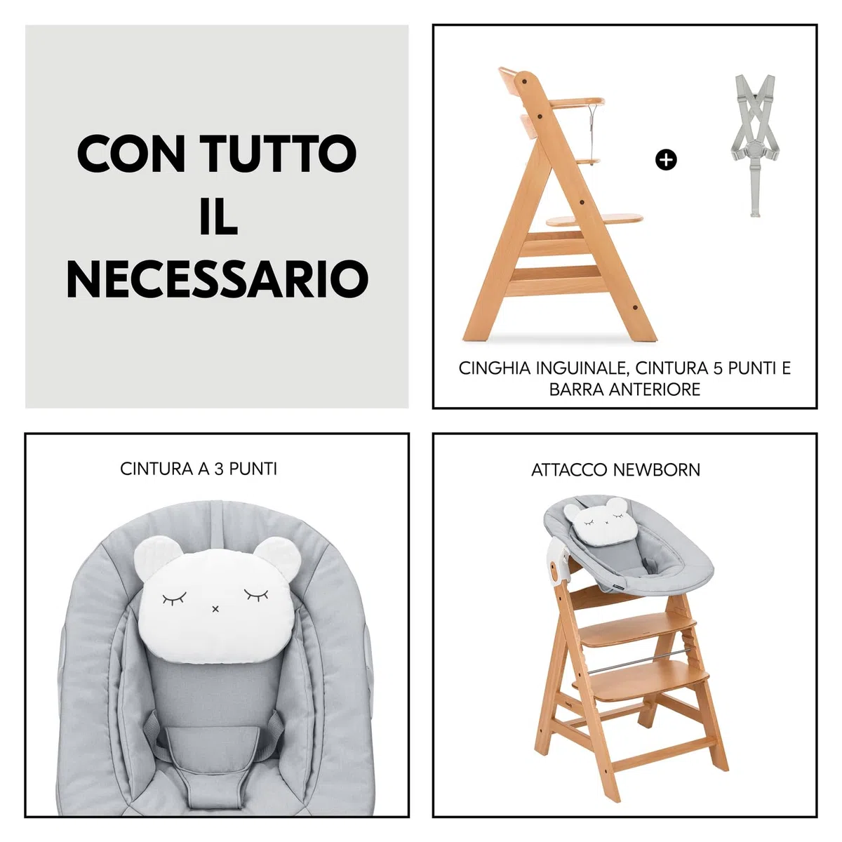 hauck Alpha Newborn Set Pre, Nature Grey - Seggiolone Pappa con Seduta Neonato dalla Nascita e Sedia Evolutiva in Legno di Faggio fino a 90 kg con Cintura Spartigambe e 5 Punti, Barra Protettiva