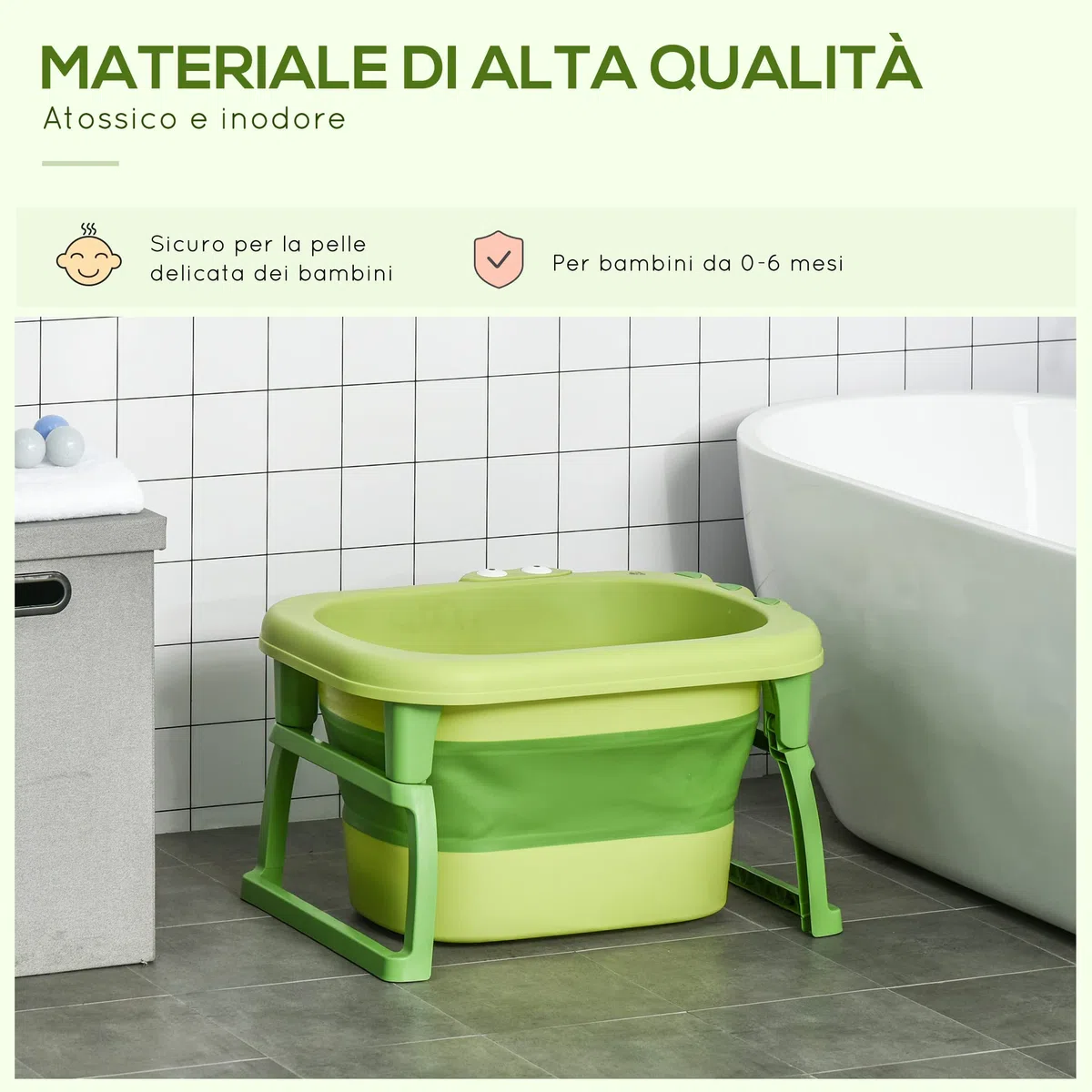 HOMCOM Vaschetta Bagnetto Neonato Pieghevole con Supporto Antiscivolo, Vaschetta da Bagno Portatile per Neonati e Bambini di 0-6 Anni con Foro di Scarico, 75.3x55.4x43cm, Verde