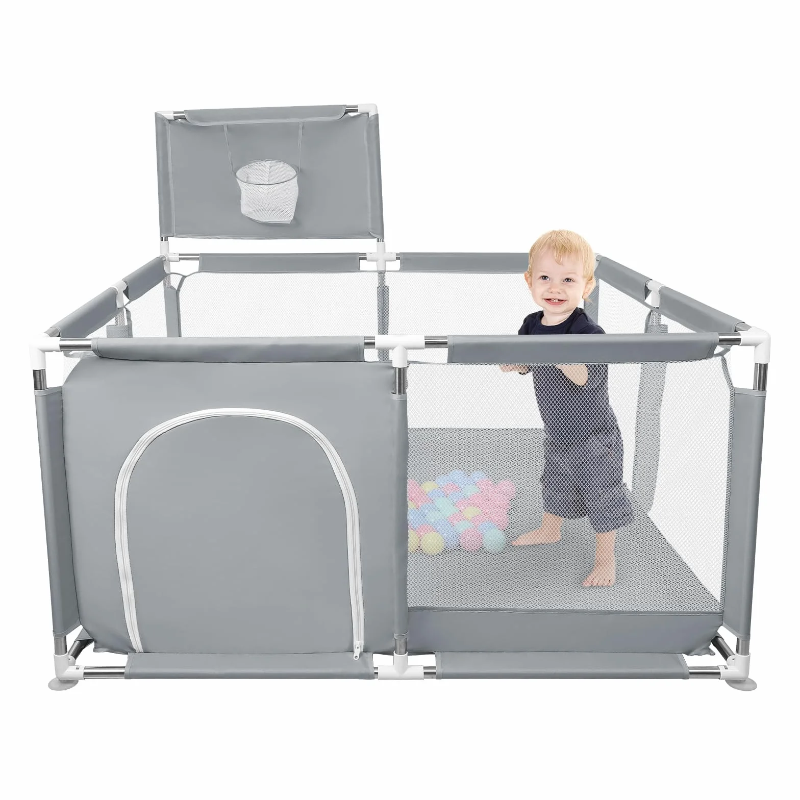 Box per Bambini, Recinto per Bambini Pieghevole in Tessuto Oxford con Rete Traspirante, Box per Neonati con Giochi che Include 50 Palline (126 x 126 x 66 cm, grigio scuro)