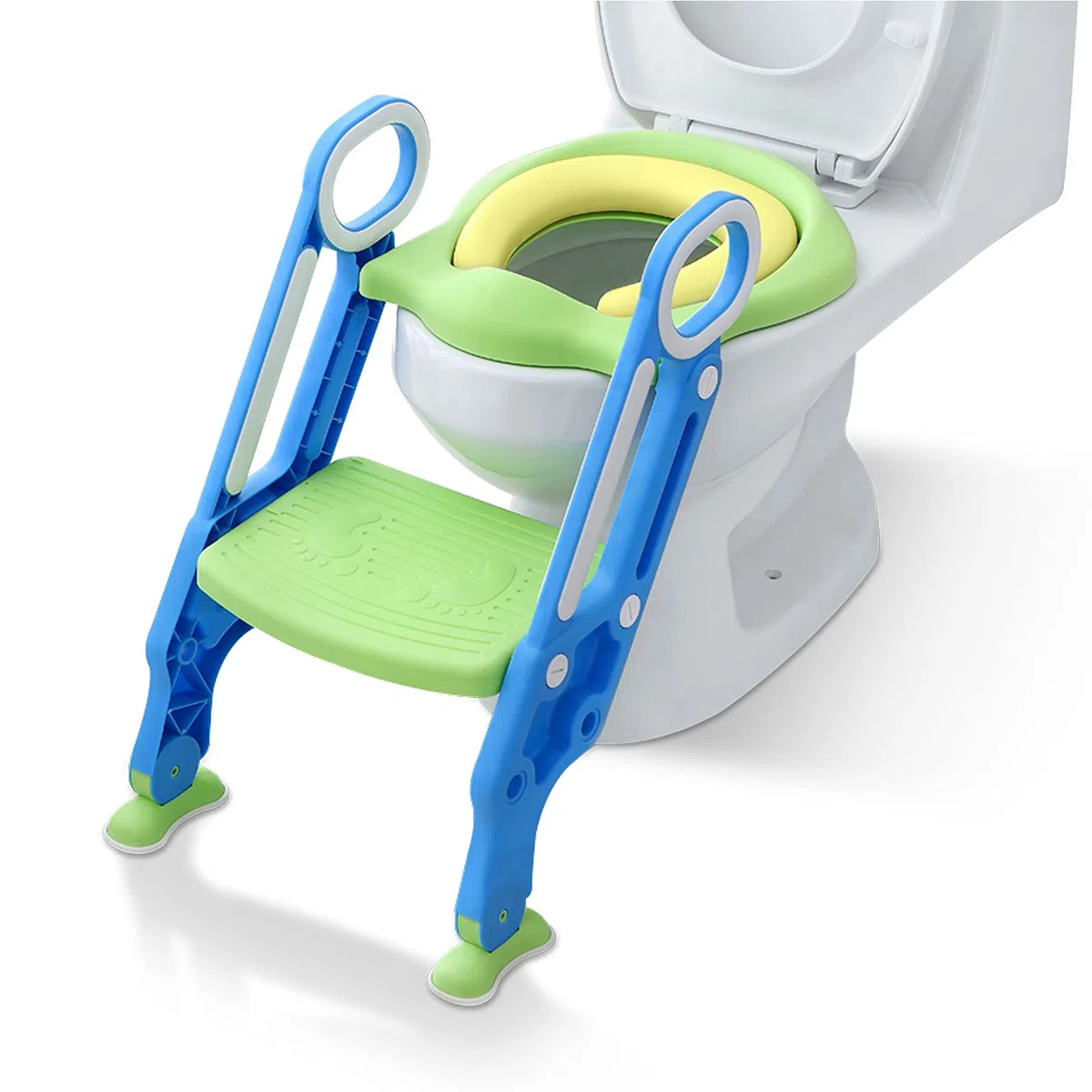 NAIZY Sedia da WC per Bambini con Scala Pieghevole, Regolabile in Altezza, Cuscino Imbottito in PU e Maniglie, Adatta a Bambini da 1 a 7 Anni, Blu e Verde