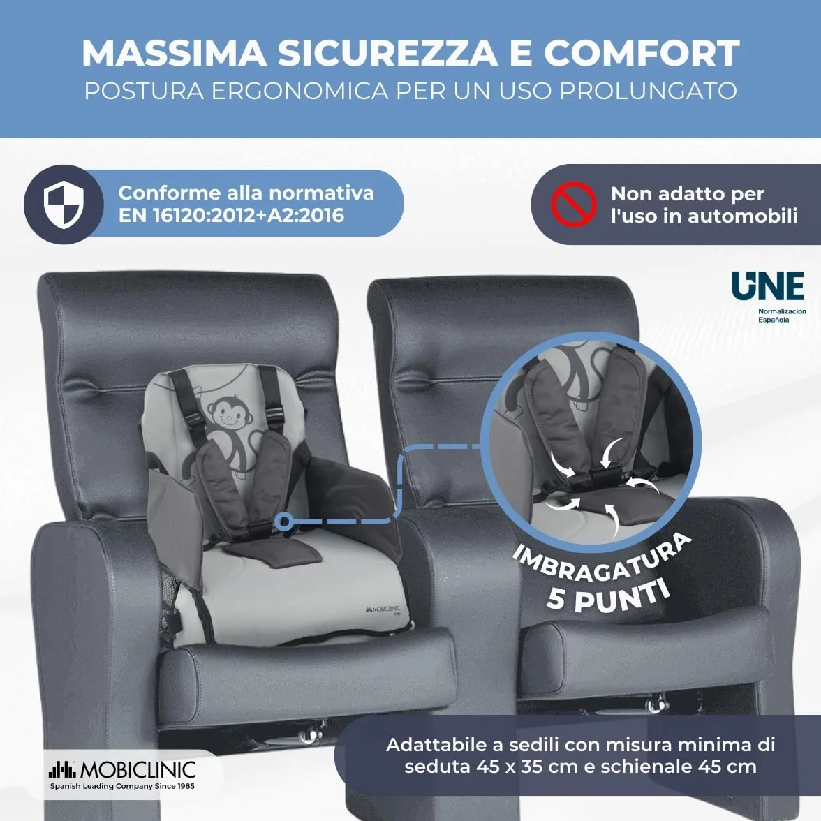 Mobiclinic Seggiolino Portatile Bambini Pieghevole Monkey 6-36 Mesi 15kg Grigio