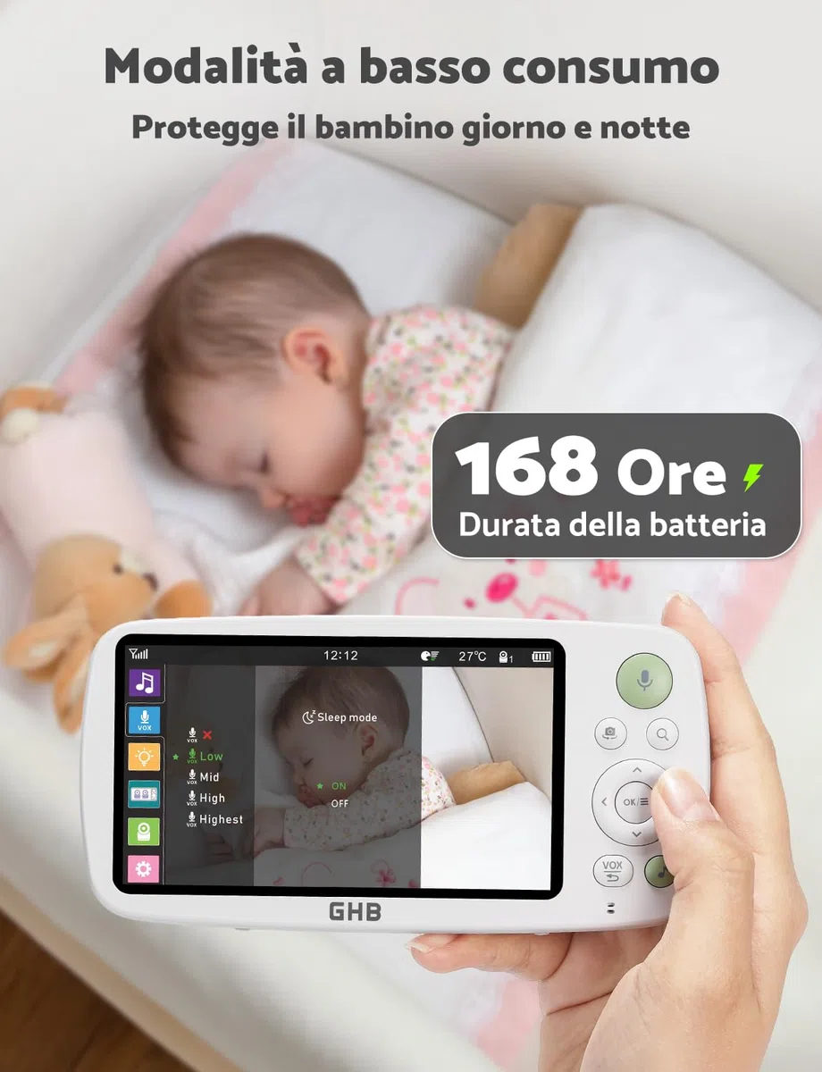 GHB Baby Monitor Video e Audio Schermo 5'', 350°/110°, 168 Ore di Autonomia, HD 1080P, Modalità VOX, Visione Notturna, Rilevamento della Temperatura, Ninne Nanne