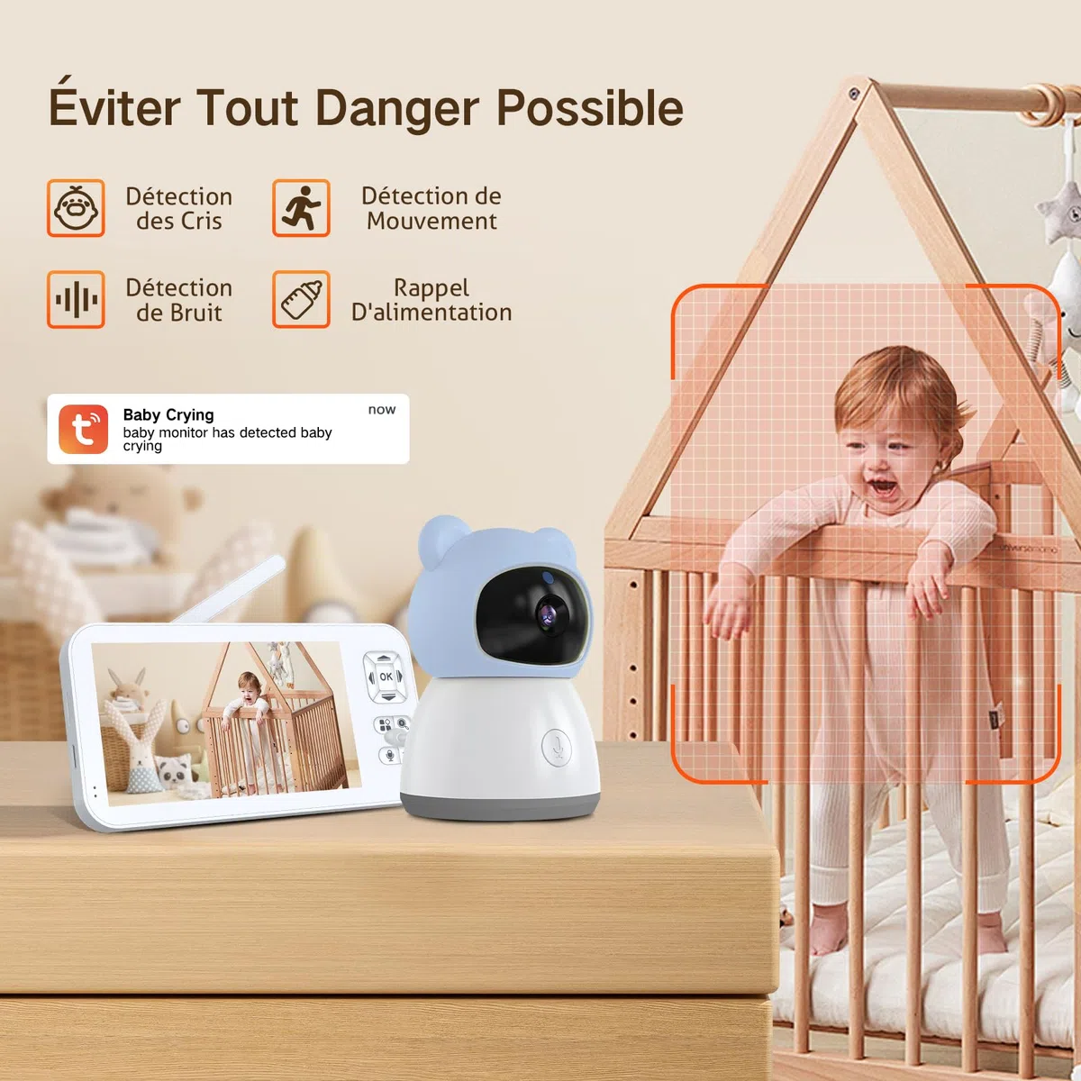 2K 5" Babyphone Camera con App Telefono, Rotazione a 360° Luce Notturna Colorata, Zoom 4X, Monitoraggio del Movimento, Monitoraggio Automatico, Area di Allarme Personalizzata