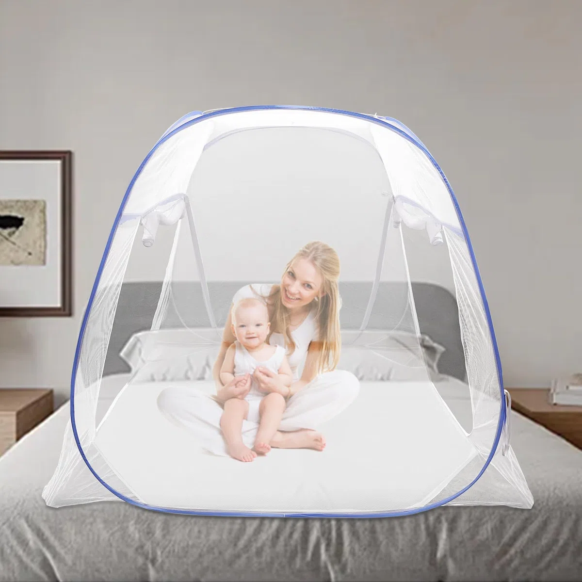 Zanzariera per letto pop-up a doppia porta, portatile, con bordo a doppia porta, tenda da campeggio, 198 x 180 x 160 cm, blu, per attività all'aperto, campeggio, viaggi, camera da letto