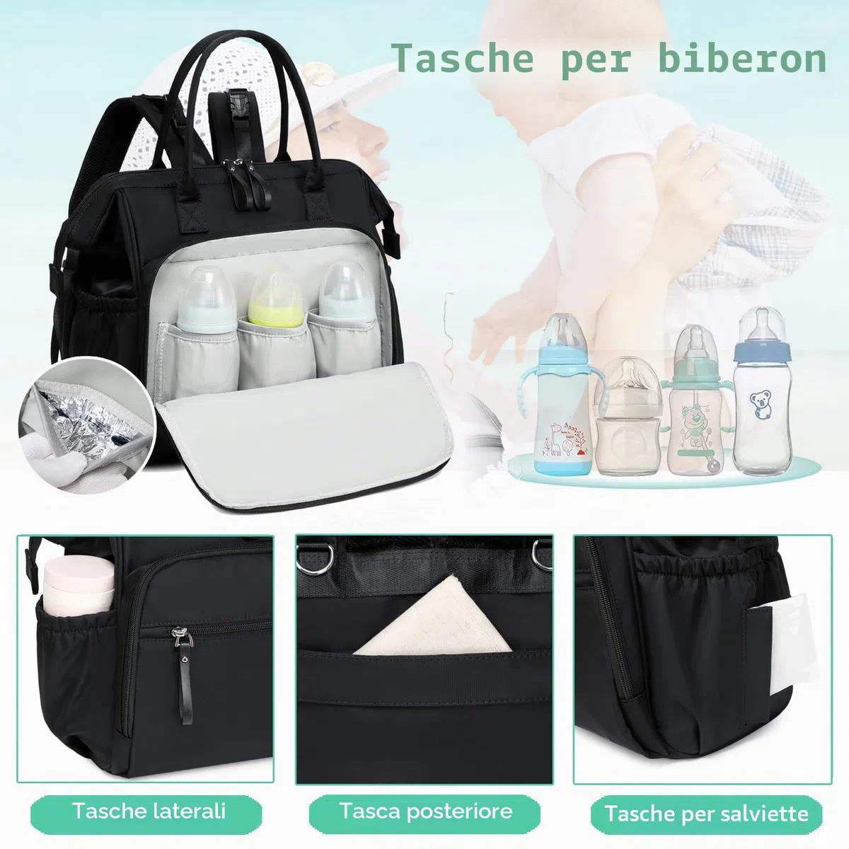 LORADI Convertible Diaper Bag Tote, Wide Open Top 14 Pockets Nappy Changing Backpack with Stroller Buckle, Water-resistant