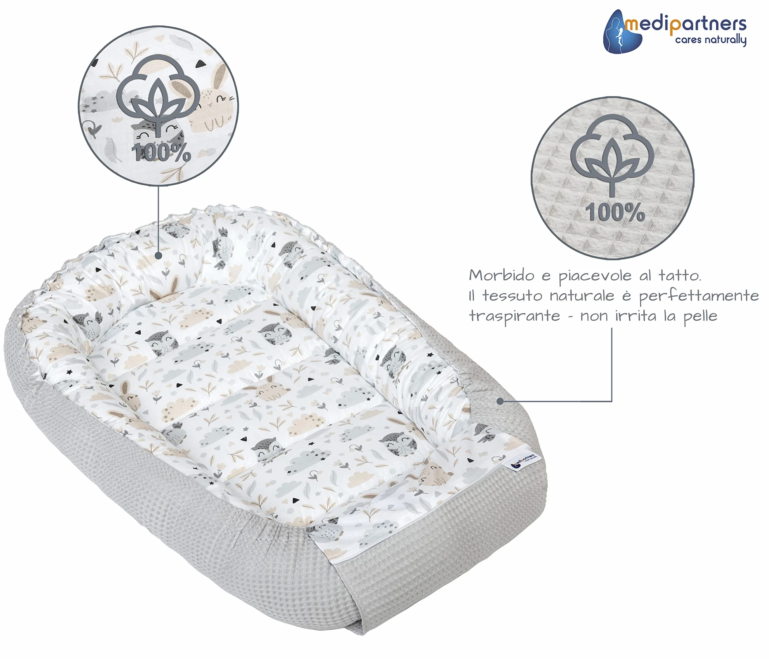 Medi Partners Riduttore Lettino Neonato 100x60x15 Nido Antisoffoco Cuscino 100% Cotone Waffle