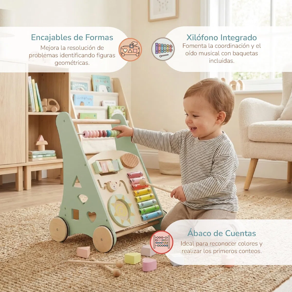 BUDDY BABY Montessori - Walker Baby in legno - Passeggino per primi passi con giocattoli e attività - Passeggino per bambino +12 mesi (Lapponia/Verde)