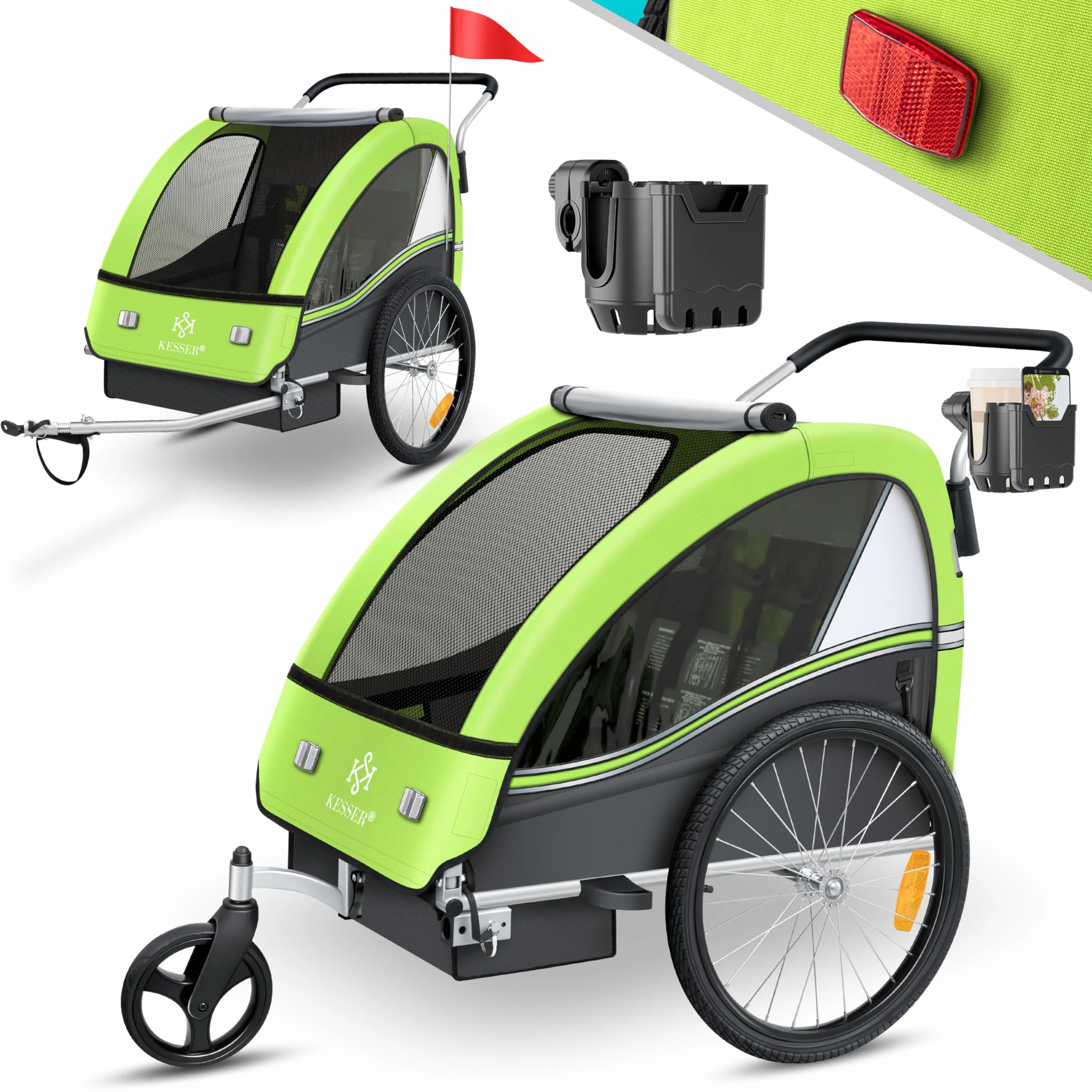 KESSER® Rimorchio per bambini da bicicletta Sport-RX 2 in 1 funzione jogging cintura di sicurezza a 5 punti ruota anteriore girevole 360°
