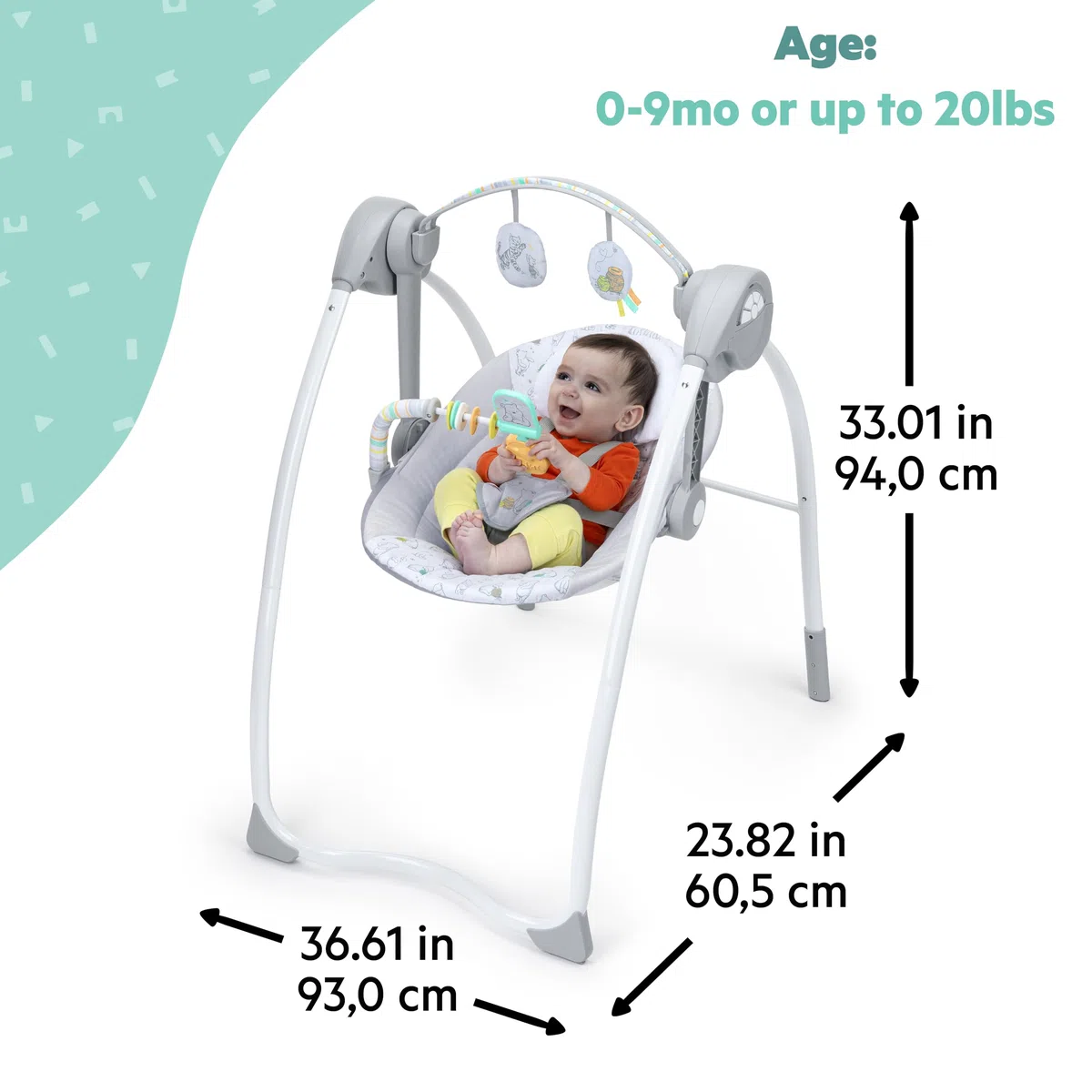 Disney Baby Altalena Neonato Winnie the Pooh di Bright Starts – 6 Velocità, Timer, Pieghevole, Barra Giochi Rimovibile, Unisex, da 0 a 9 kg