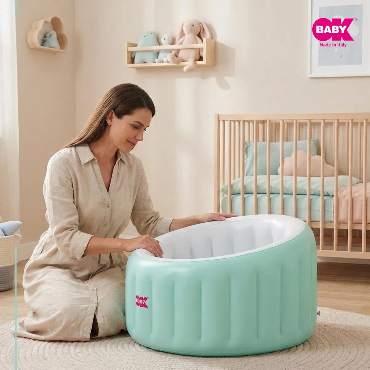 OKBABY Vaschetta Gonfiabile Oplà Soft per Bagnetto Bambino - da 8 a 36 Mesi - Azzurro
