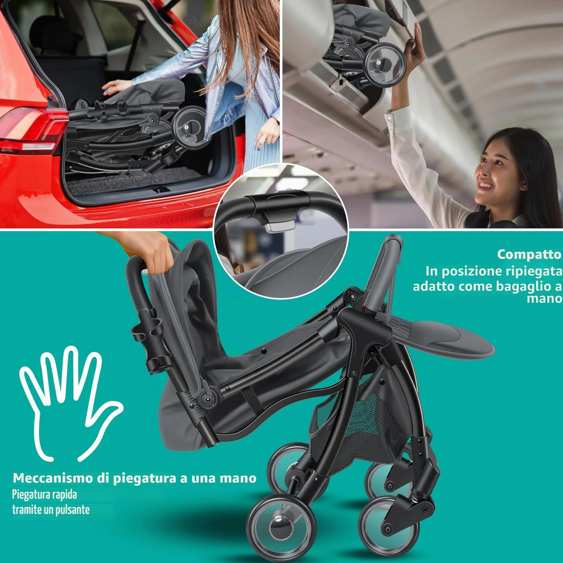 KIDIZ® Premium Passeggino Pieghevole con Ruote 360°, Imbracatura 5 Punti, Portabibite, Parapioggia, Schienale Regolabile, Capottina Parasole, Antracite