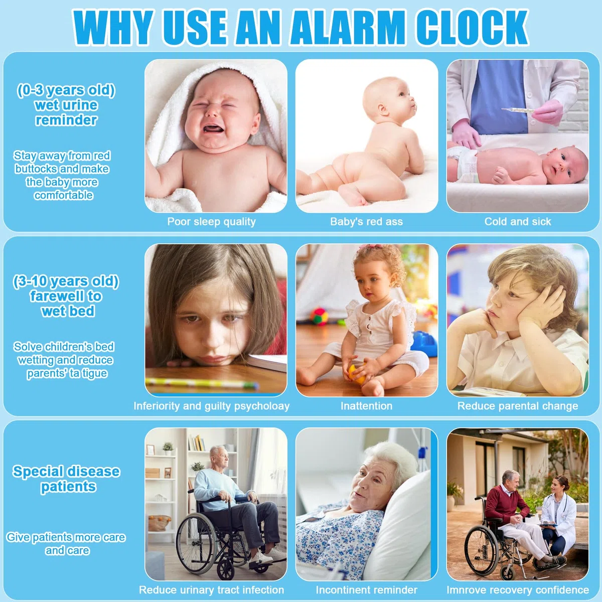 Allarme senza fili per bagnarsi sul letto, allarme wireless con ricevitore e trasmettitore a clip, indicatore di temperatura e umidità, ricarica USB per bambini vasino per la cura degli anziani