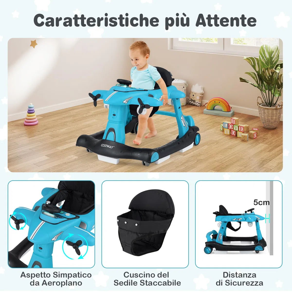 COSTWAY 6 in 1 Girello per Bambini, Girello Pieghevole con Altezza e Velocità Regolabili a 3 Livelli, Vassoio, Musica, Ruote, Luci, Giocattoli Evolutivi per Bambini 6-18 Mesi (Blu)