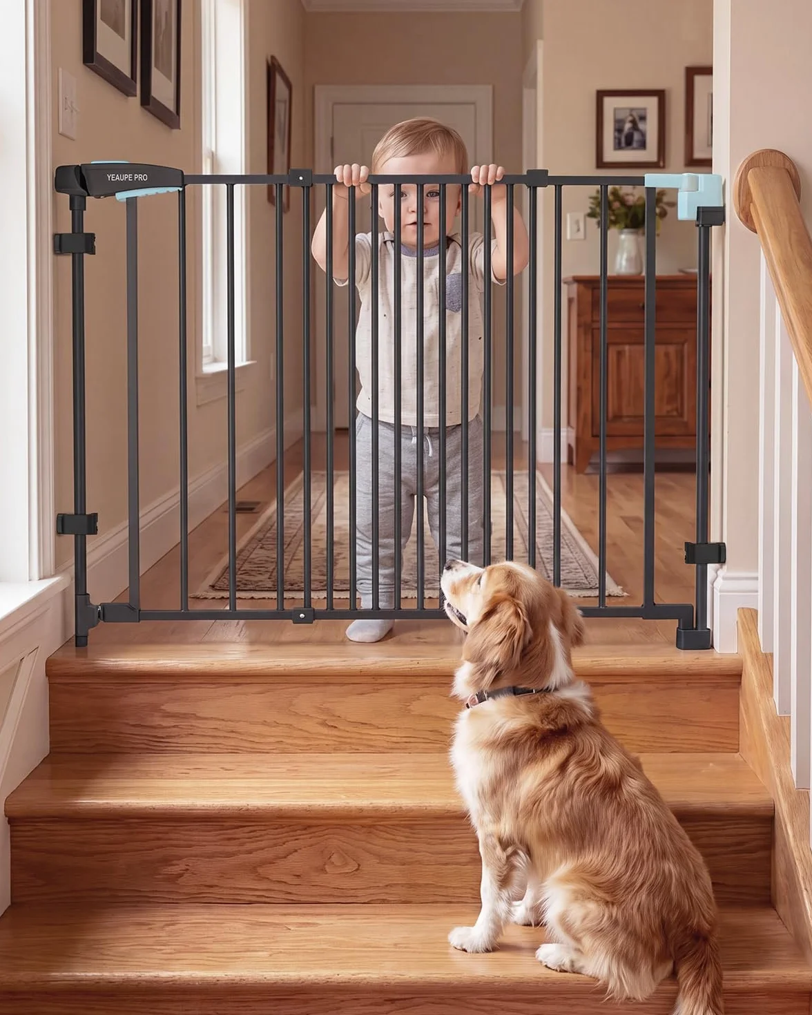 YEAUPE PRO Griglia di protezione per scale senza foratura, per bambini, 75 – 110 cm, telescopica, griglia di protezione per scale e porte, griglia di protezione per porte e cani, apertura manuale a 1