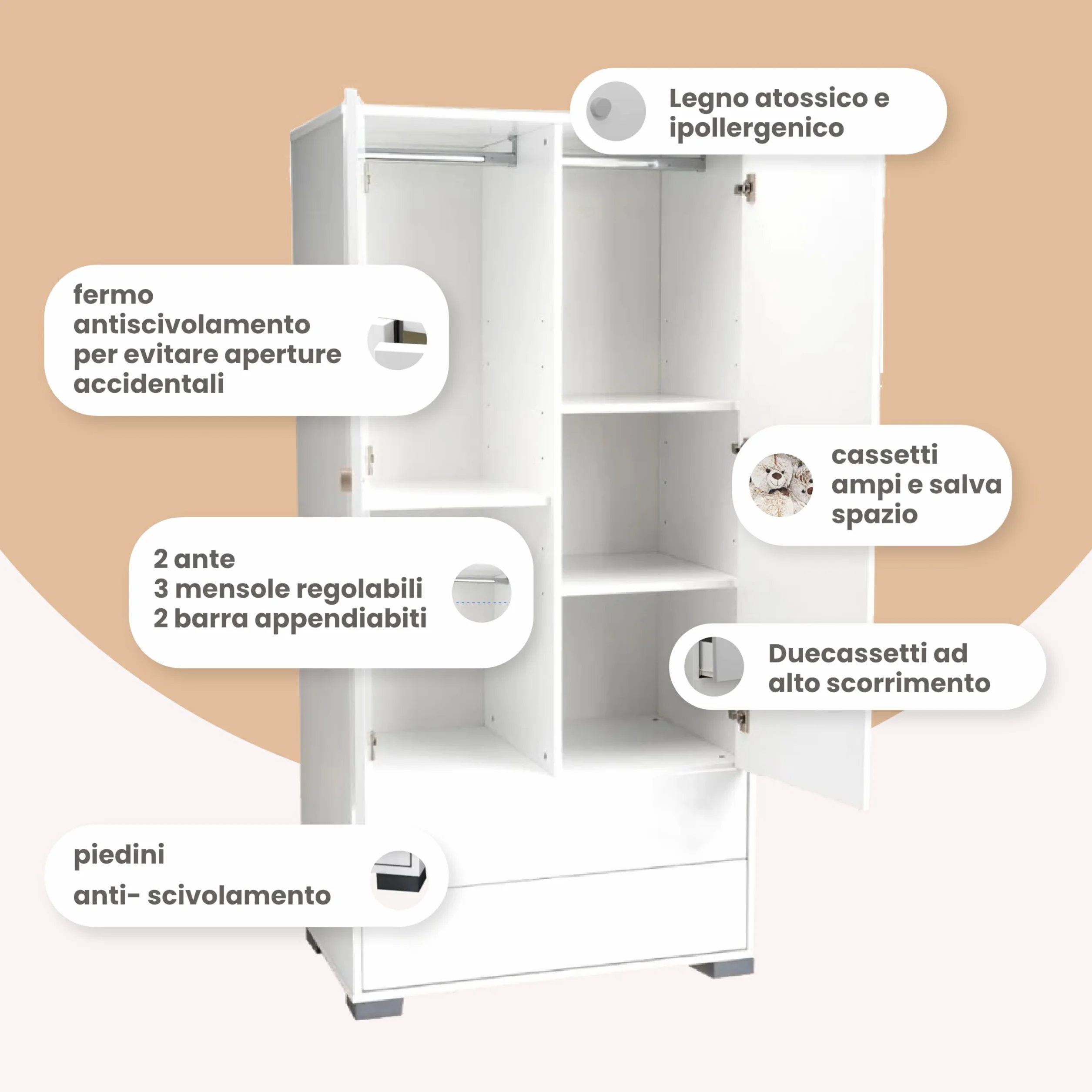 Armadio Cameretta 2 Ante A Chiusura Rallentata 3 Mensole Regolabili 2 Cassetti 95X58X192H CM PRODOTTO IN ITALIA